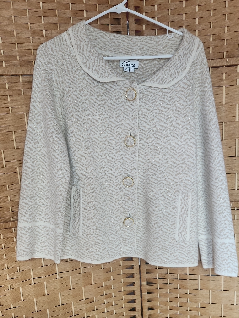 Chaus Women's, Fall, Spring, Elegant Cream Patterned, Button-Front Sweater Sz L
